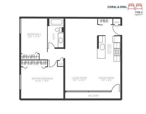 Floor plan for 2 beds, 1 bath, 743 sqft